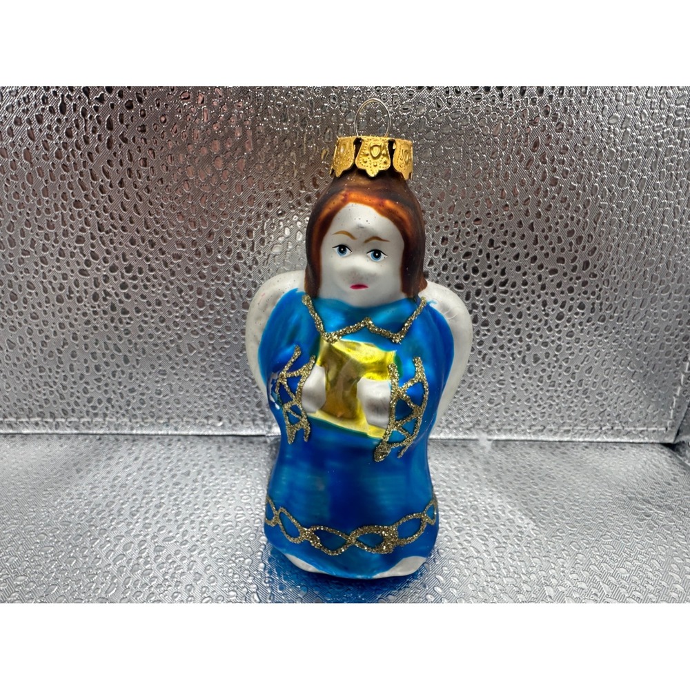 Vintage Blown Glass Angel Ornament Blue Robe Gold Glitter Wings Christmas - Picture 2 of 10